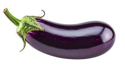 A close-up of a vibrant, glossy, dark-purple eggplant with green stem