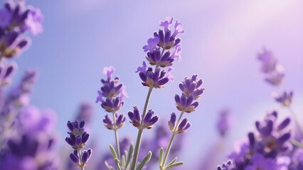 Obraz premium Lavender field under the soft glow of sunlight, expressing tranquility and serenity, used for relaxation or meditation.