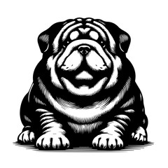 A detailed black and white illustration of a seated bulldog, facing forward.