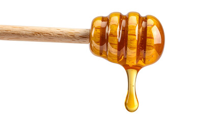 A wooden dipper holds and drips golden honey against a stark black backdrop
