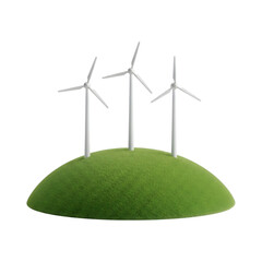 Three wind turbines on a green hill isolated on transparent background, clean energy