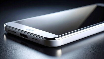 Modern smartphone on dark surface, sleek and reflective.