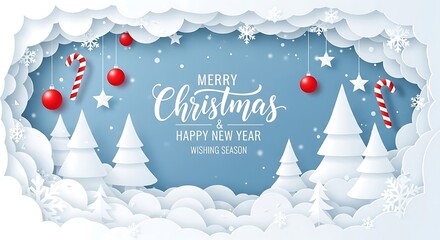 Paper Christmas background shows snowy trees and seasonal ornament hanging on a blue canvas