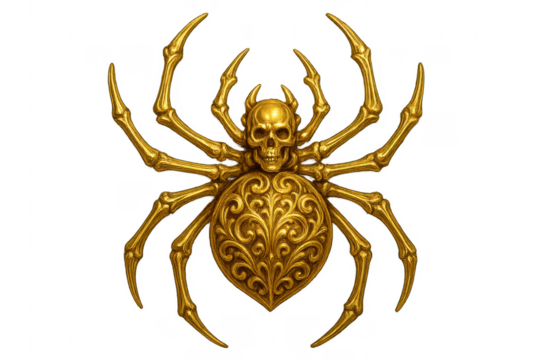 Golden skull spider with ornate body depicting macabre themes