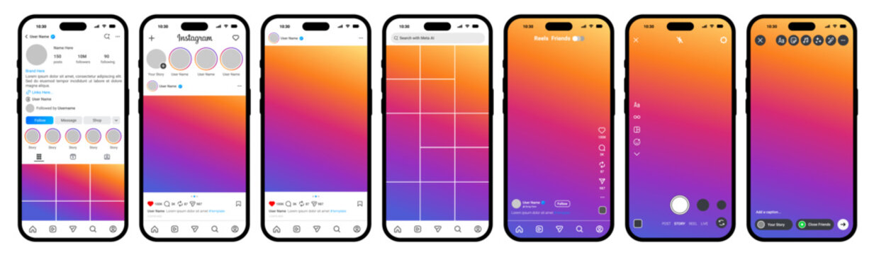 Instagram interface mockup on iPhone. social media ui kit smartphone screen template. profile feed, reels, story camera, post layout, gradient background. vector mobile app design