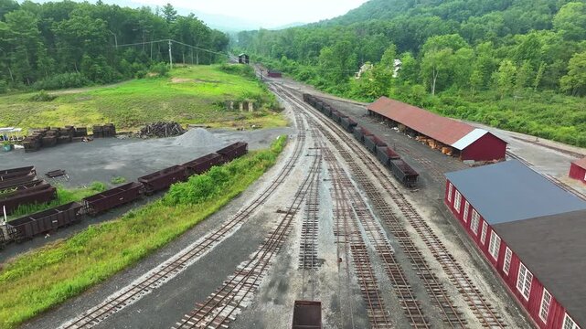 A wide view of an abandoned train yard reveals rusty train cars and old tracks. The serene landscape is filled with trees and distant mountains, creating a peaceful atmosphere.