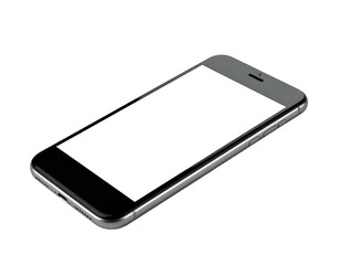 Angled view of a silver-edged smartphone with a blank white screen, set against a solid black background