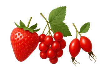 Trio of fresh red berries: strawberry, currants, and rose hips on transparent background