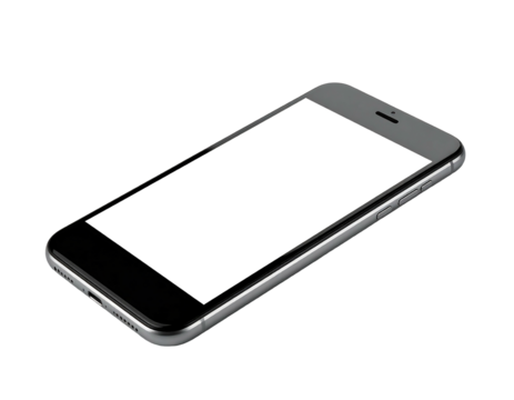 Angled view of a silver-edged smartphone with a blank white screen, set against a solid black background