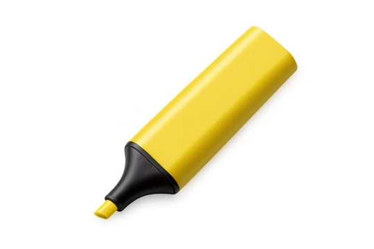 Bright yellow highlighter marker with black chisel tip on transparent background
