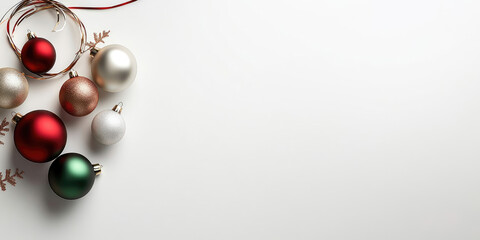 Positioning festive ornaments in red, green, gold, and silver with decorative ribbon, artfully spread on pristine white surface for seasonal messaging