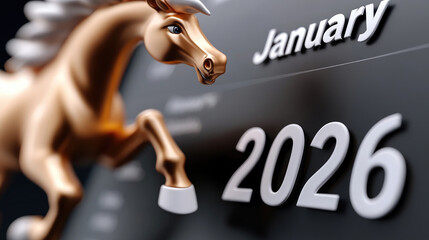 Modern digital calendar showing the month of January 2026, with a golden horse figurine placed nearby, suggesting the concept of time, scheduling, and the upcoming year
