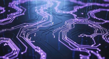Abstract visualization of a glowing purple circuit board with intricate pathways and connections, representing technology and data flow.