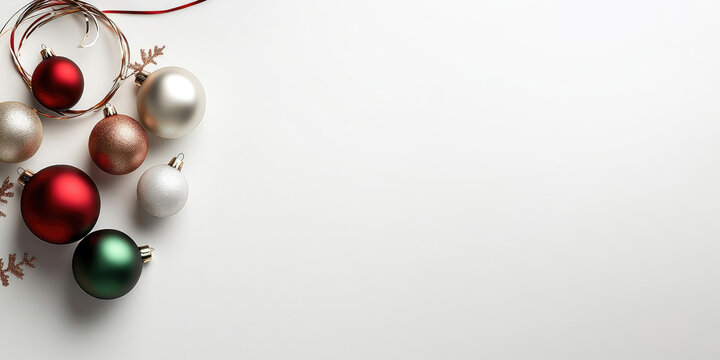 Positioning festive ornaments in red, green, gold, and silver with decorative ribbon, artfully spread on pristine white surface for seasonal messaging