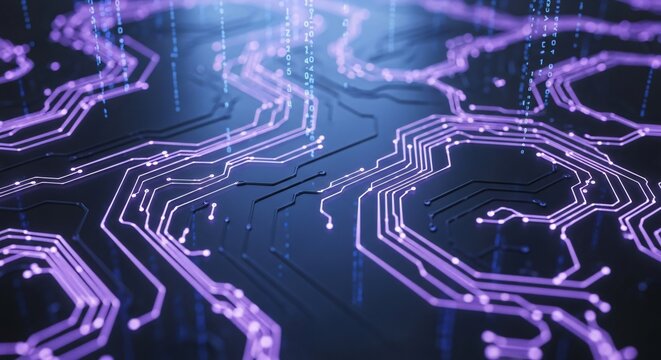 Abstract visualization of a glowing purple circuit board with intricate pathways and connections, representing technology and data flow.