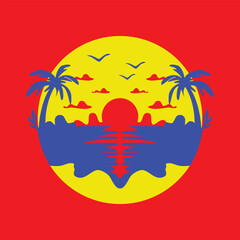 Tropical Sunset at Sea with Palm Trees, Beautiful Ocean View in Evening Twilight Illustration