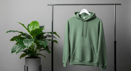 A minimalist studio shot featuring a sage green hooded sweatshirt hanging on a modern clothing rack next to a lush green potted plant