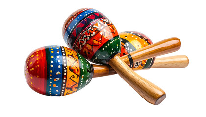Three brightly painted maracas rest against each other, with wooden handles and intricate designs