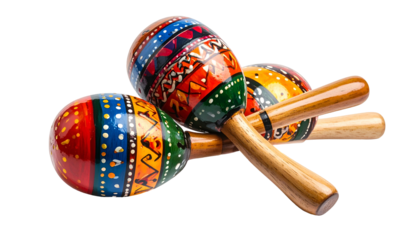 Three brightly painted maracas rest against each other, with wooden handles and intricate designs