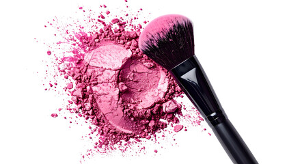 Close-up of crushed pink powder, makeup brush angled, against a black background