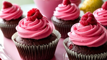 Delicious chocolate cupcakes with pink frosting and raspberries.