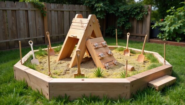 Outdoor Kindergarten Play Area with Natural Elements A vibrant, natural outdoor kindergarten play area. A rustic wooden climbing structure, a large sandpit with small shovels and buckets, and a small