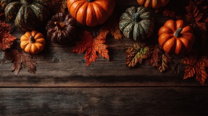 Autumn pumpkins and leaves arrangement on a rustic wooden surface