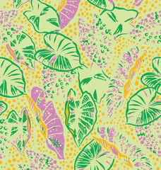 summer tropical garden floral leaves illustration background seamless pattern repeat print textile fabric vector artwork. watercolors natural 