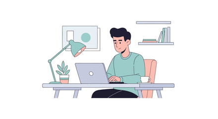 Freelancer Working at Home on a Laptop at a Desk with Lamp and Coffee