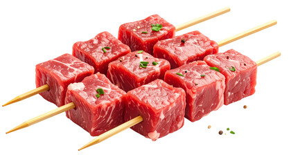 Raw, cubed red meat threaded onto wooden skewers, ready for grilling. Pepper. Herbs sprinkled