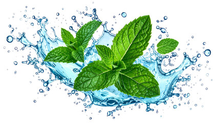 Fresh green mint sprigs erupting from a dynamic splash of clear, cool water