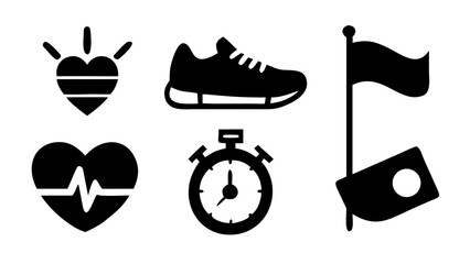 Collection of fitness icons featuring hearts, running shoe, stopwatch and flag in black silhouette