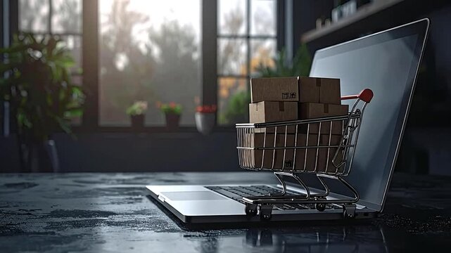 E-commerce concept with a miniature shopping cart full of packages on a laptop, symbolizing digital retail, online ordering, and parcel shipment