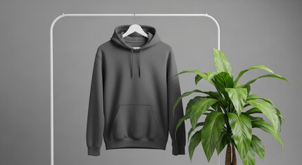 Stylish Gray Hoodie on Hanger with Green Plant - Modern Apparel Display for Fashion and Design