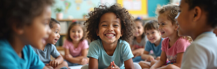 Group of diverse kids in class sit on floor talking sharing experiences. Children laugh smile have fun during lesson at school. Friends discuss enjoy education program.
