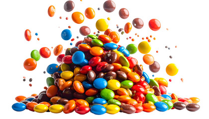 A vibrant pile of assorted small, round, coated candies, some in mid-air, on a black background