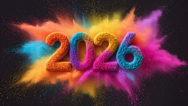 Bold “2026” with colorful powder explosion in vibrant shades on a dark background, creating a festive and dynamic effect.