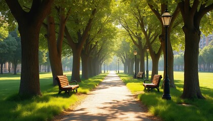 Sunny park path lined with large trees and benches. Green grass and light posts create a peaceful walkway. This serene public space invites relaxation and quiet contemplation during warm weather.