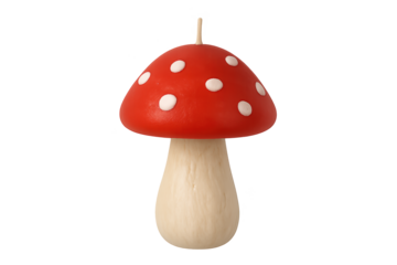 Red-capped mushroom figurine with white spots on beige wooden stem, charming decorative sculpture