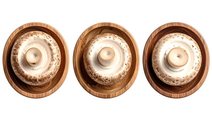 Three white button mushrooms, caps up, nestled in round, wooden bowls, overhead view