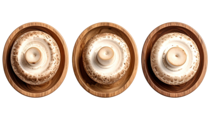 Three white button mushrooms, caps up, nestled in round, wooden bowls, overhead view