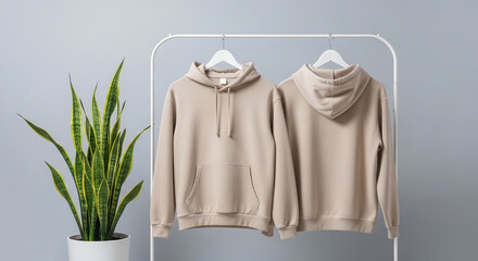 Neutral-toned Hoodies on Hangers A Minimalist Fashion Display with Snake Plant in the Corner