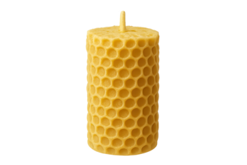 Beeswax candle with cylindrical honeycomb texture and central wick