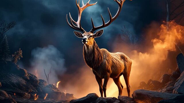 Majestic Stag Standing in Fiery Fantasy Landscape, Stag in Enchanted Burning Forest