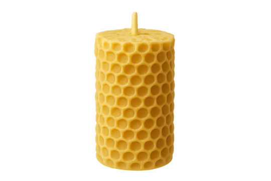 Beeswax candle with cylindrical honeycomb texture and central wick