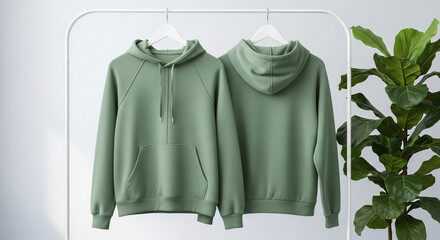 Blank sage green hoodie mockup showing front and back views. Unisex hooded sweatshirt hanging on a rack for apparel design template