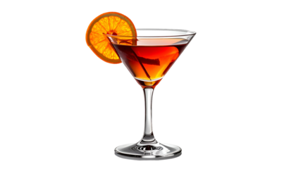 A stemmed cocktail glass filled with a dark amber liquid, garnished with orange slice and cherry