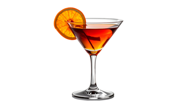 A stemmed cocktail glass filled with a dark amber liquid, garnished with orange slice and cherry