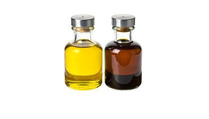 Two small glass bottles, one holding yellow oil, the other dark vinegar, against black