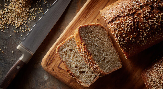 Fresh rustic whole grain bread with sesame seed sliced on wooden cutting board - Powered by Adobe